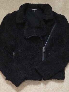 Express Faux-Sherpa Asymmetrical Zip Jacket in Black